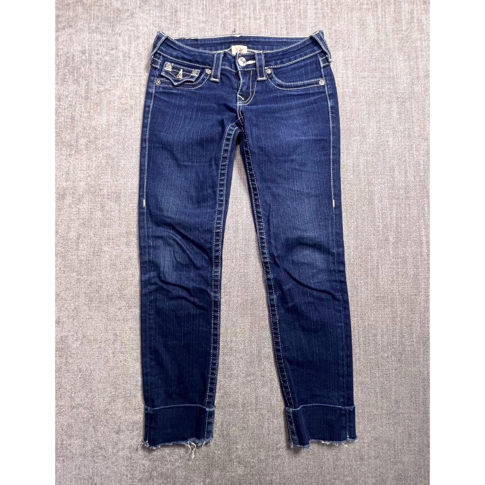 Vintage True Religion Jeans Womens 25 Blue Denim Contrast Stitching Frayed Hem